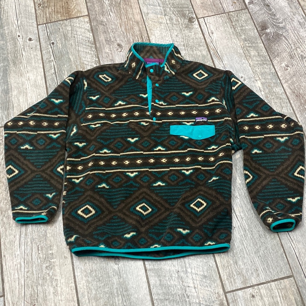 Patagonia Brown and Teal Patterned Fleece Pullover